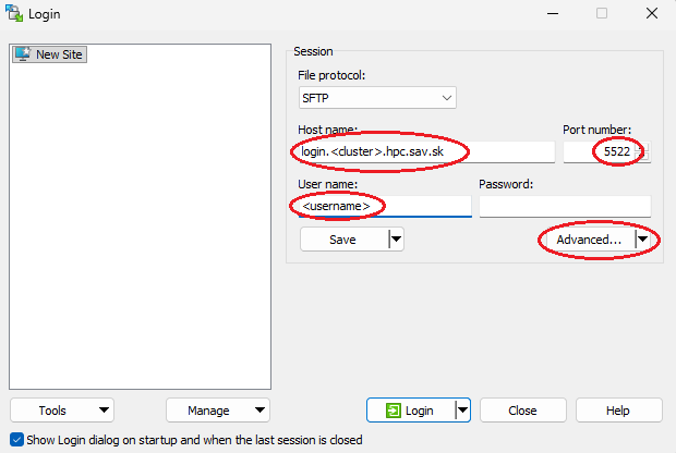 Prihlasovacie okno WinSCP